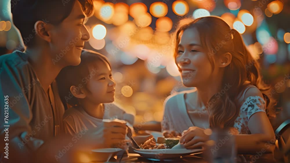 Asian family enjoy eating food on street food restaurant with crowd of people at Yaowarat road, Bangkok,generative ai Asian family enjoy eating food on street food restaurant with crowd of people at Yaowarat road, Bangkok,generative ai