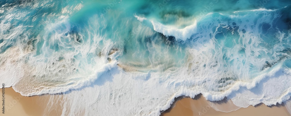 Top View of Beach Sand and Water Panorama. Generative AI - obrazy, fototapety, plakaty 