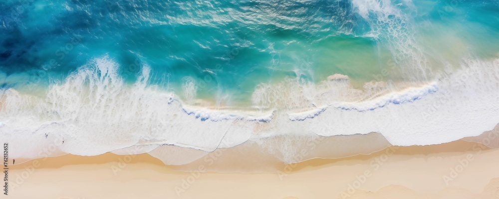 Top View of Beach Sand and Water Panorama. Generative AI Top View of Beach Sand and Water Panorama. Generative AI