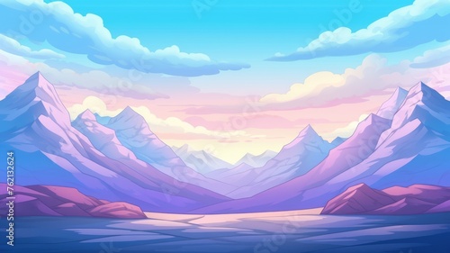 cartoon landscape featuring majestic mountains, a calm lake, and a colorful sky at sunset © chesleatsz