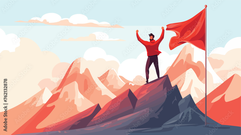 Happy cartoon man standing on mountain top with red - obrazy, fototapety, plakaty 