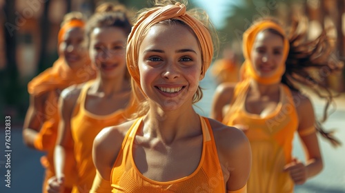 A group of athletic women run together in a dynamic, synchronized fashion with coordinated orange attire