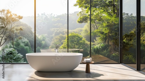 Serene Minimalist Bathroom with Tub and Nature View © ArquitecAi