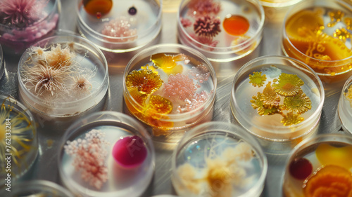 Petri dishes showcasing colorful bacterial cultures in a laboratory.