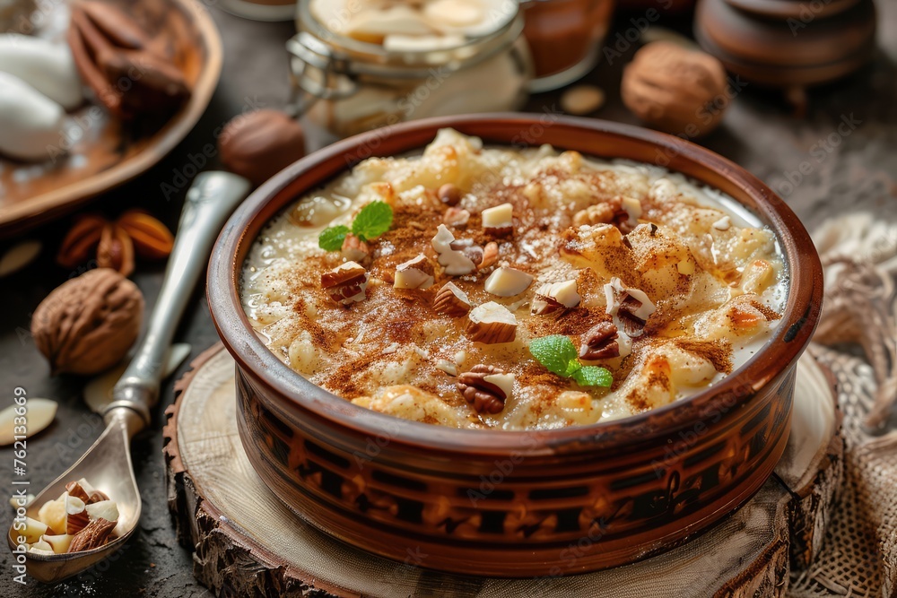 Umm Ali Egyptian Dessert, Egyptian Bread Pudding Made with Sweet Pastry Dough Layers, Milk, Sugar Umm Ali Egyptian Dessert, Egyptian Bread Pudding Made with Sweet Pastry Dough Layers, Milk, Sugar