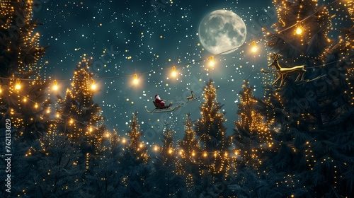 Against the backdrop of a starry night sky, yellow Christmas string lights flicker and dance above a forest of evergreen trees.

