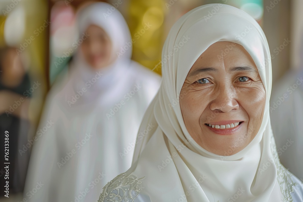 Portrait of an old Muslim woman with a blurred background. Southeast Asian old Muslim woman. Blurred background of a Muslim woman.