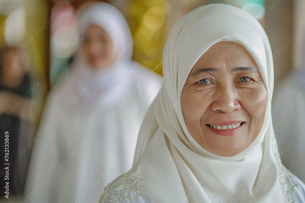 Portrait of an old Muslim woman with a blurred background. Southeast Asian old Muslim woman. Blurred background of a Muslim woman. Portrait of an old Muslim woman with a blurred background. Southeast Asian old Muslim woman. Blurred background of a Muslim woman.