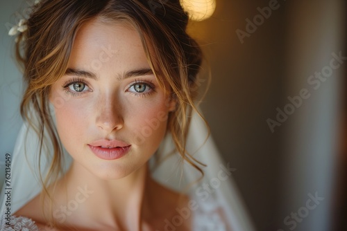 Close-up of a beautiful bride with subtle makeup and clear blue eyes in natural lighting photo