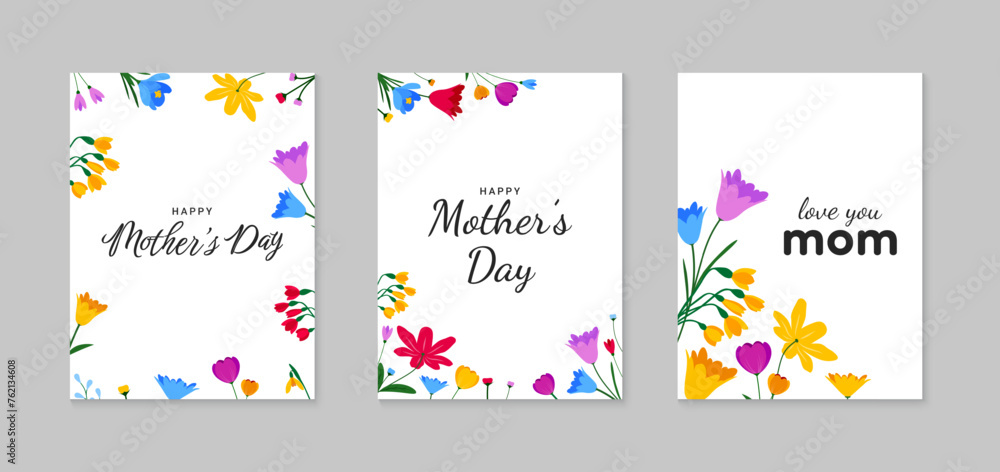 Naklejka premium Happy Mother's Day greeting set with colorful flowers. Mother's Day illustration template, greeting card, poster. Vector