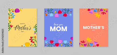 Happy Mother s Day greeting set with colorful flowers. Mother s Day illustration template  greeting card  poster. Vector