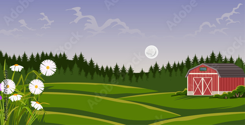 views of farmland and warehouses, at night, beautiful flower plants spreading around, the moon is bright