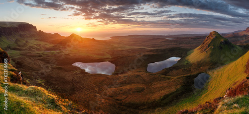 Mountain panorama landscape in Scotland, Quiraing at dramatic sunrise