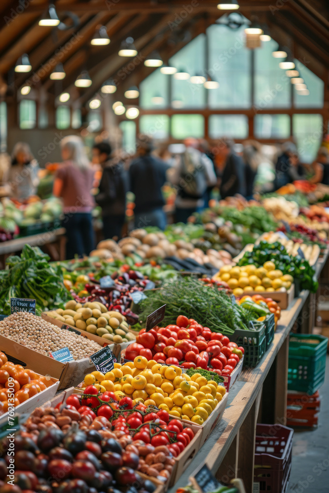 Professional Photography of a Bustling Farmer's Market Brimming With Fresh Produce and Locally Sourced Goods, Generative AI