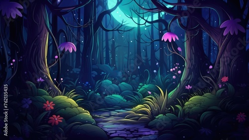 cartoon Enchanted forest path under moonlight, with whimsical trees and glowing flora