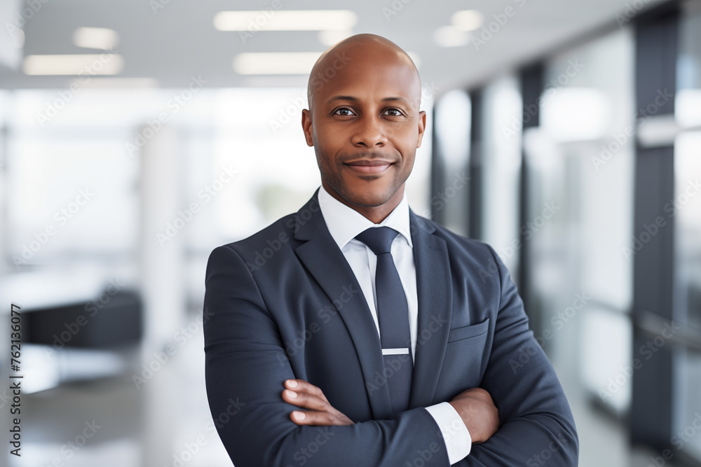 Fototapeta premium success black businessman in gray suit looking at camera smile in the bright office,