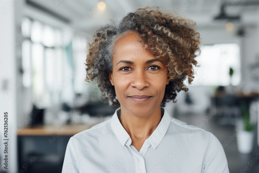 curly hair mature black businesswoman looking at camera in the bright office curly hair mature black businesswoman looking at camera in the bright office