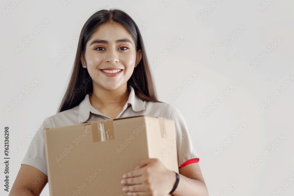 a colombian woman logistic staff wearing shirt holding a big cardboard package, white background a colombian woman logistic staff wearing shirt holding a big cardboard package, white background