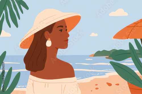 Woman with tan skin and hat on sea beach in simple minimalist flat style