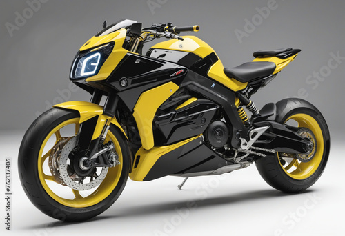 Futuristic yellow and black sports motorcycle on isolated clear background