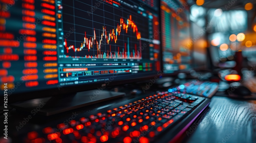 Fototapeta premium Market Graph Chart on Computer Screen, Financial Technical Analysis, Cryptocurrency Trade Exchange 