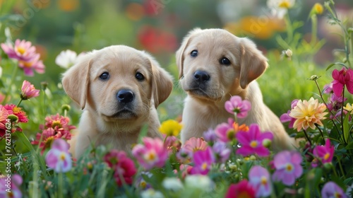 Two Labrador puppies playing in the garden surrounded by colorful flowers and green grass created with Generative AI Technology