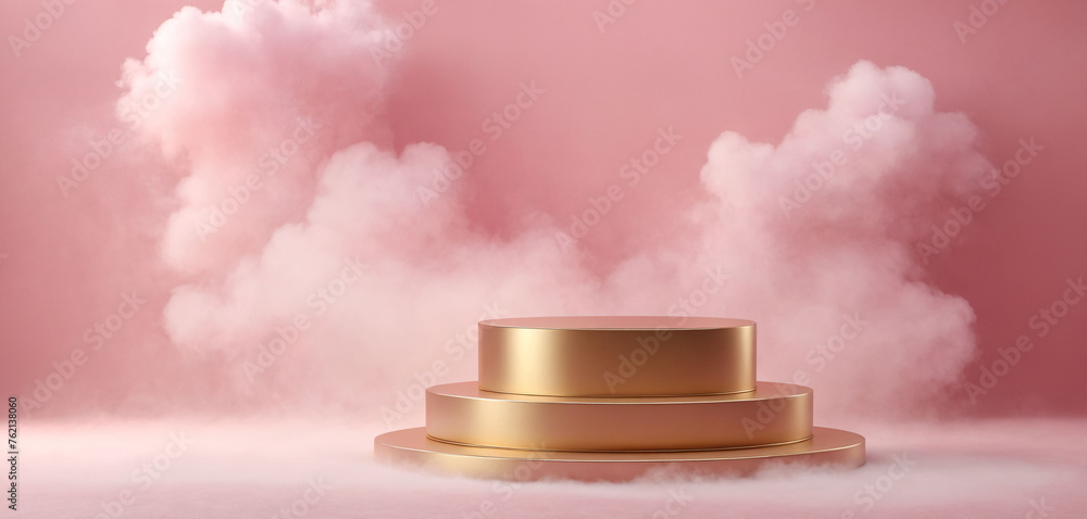 Golden platform for product presentation on a cloudy sky background.
