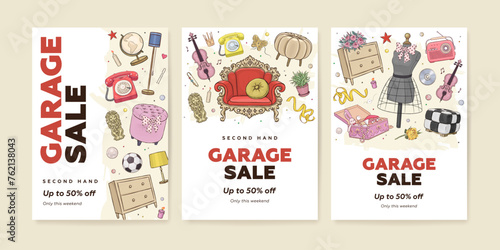 Vector set of garage promotional sale vertical web banner, poster or flyer with hand drawn vintage furniture and interior design elements. Garage sale concept illustration