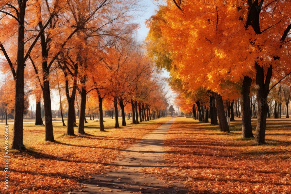 Serene Panoramic autumn park with benches. Outdoor yellow fall autumnal parkland. Generate ai