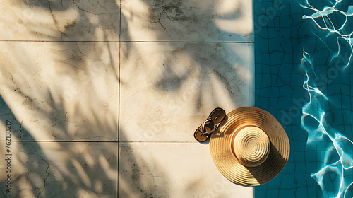 A top view of a pool deck with a towel, flip - flops, and a sunhat casting distinct shadows on the tiles.