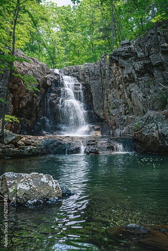 Professional Photography of a Pristine Waterfall Cascading Down Rocky Cliffs Surrounded by Dense Foliage  Generative AI