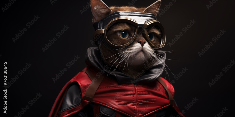 Fun cat superhero. Pets. Zooclinic, veterinary. Hotel for animals. Kitten Superpet.