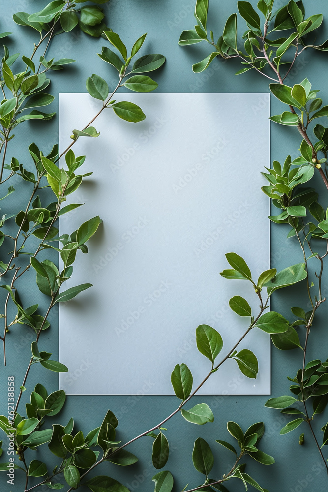 A blank white greeting card mockup, tastefully adorned with green leaves A blank white greeting card mockup, tastefully adorned with green leaves