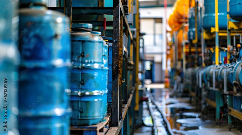 Industrial containers or tanks with liquids or chemicals, emphasizing industrial operations