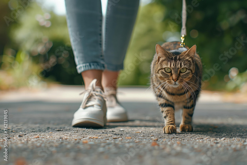 close-up of a woman walking her pet cat on a leash 