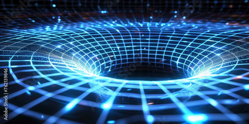 Fototapeta Naklejka Na Ścianę i Meble -  3d blue glowing grid tunnel with black hole,  Cosmic wormhole. Abstract blue grid tunnel banner