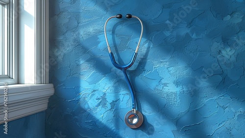 Illustration of stethoscope and white coat hanging on wall for National Doctors Day. photo