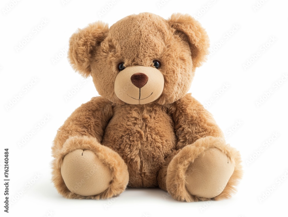 A cute, soft teddy bear with a friendly expression sits against a white backdrop, symbolizing comfort and childhood memories.