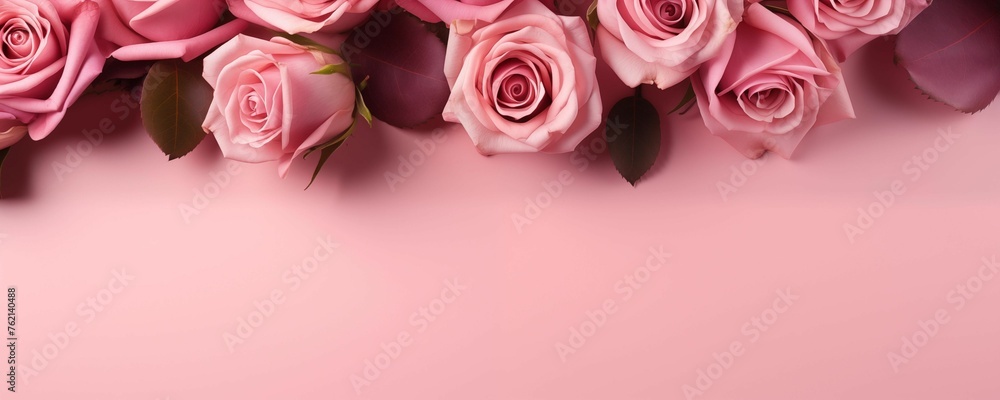 Bunch of Roses Isolated on Pink Background with Copy Text Space Panorama. Generative AI