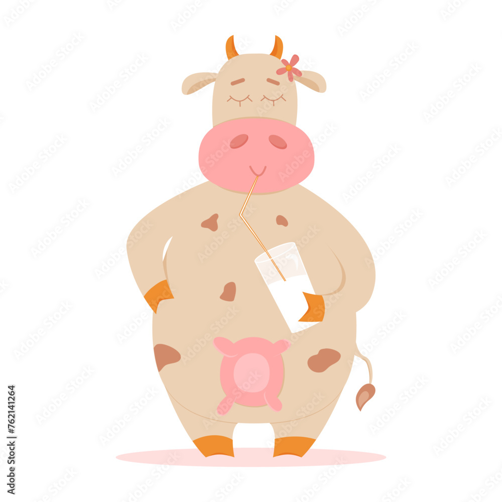 Сute cow drinking from a glass. The cow is holding the glass. Flat style. Vector Сute cow drinking from a glass. The cow is holding the glass. Flat style. Vector