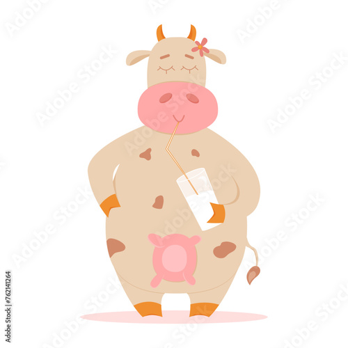 Сute cow drinking from a glass. The cow is holding the glass. Flat style. Vector
