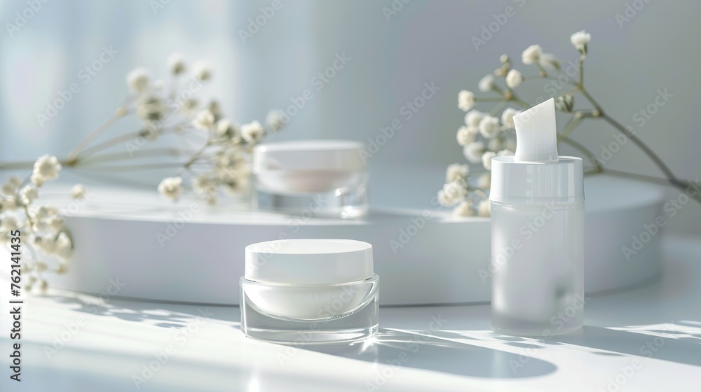 Cosmetic antiaging line on light background. High key,generative ai, Cosmetic antiaging line on light background. High key,generative ai,
