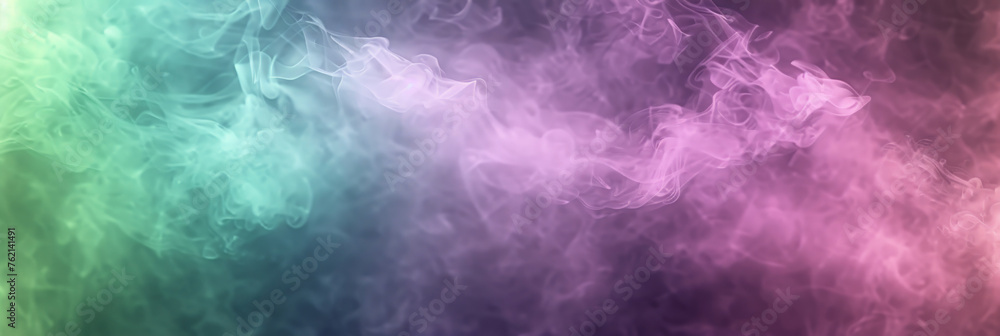 Colorful fog background with a green, purple and pink gradient, pink green smoke on dark background, banner