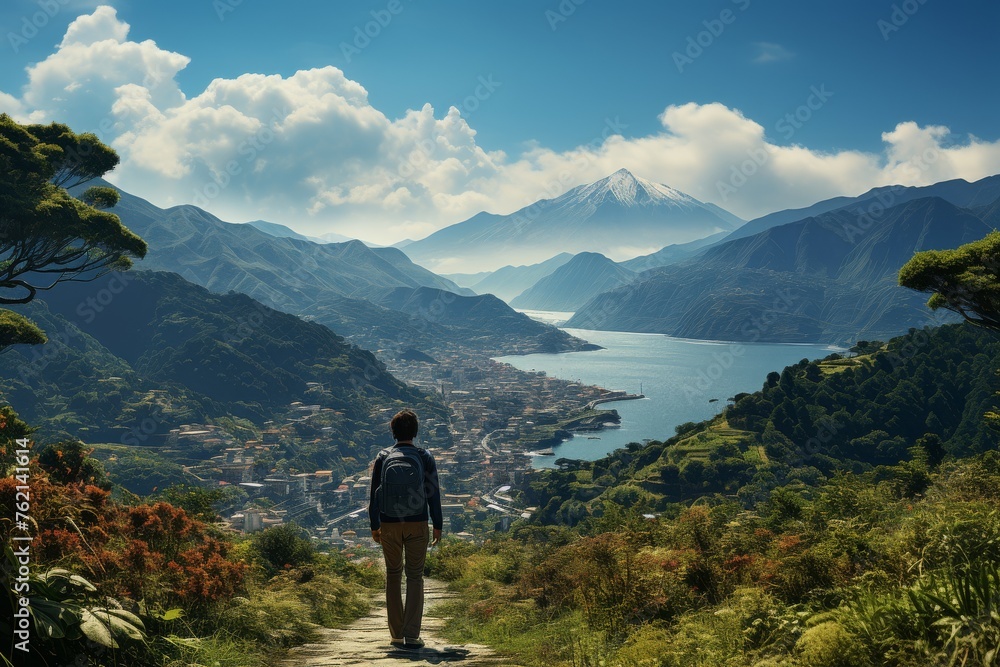 Man Standing on Trail, Mountains View