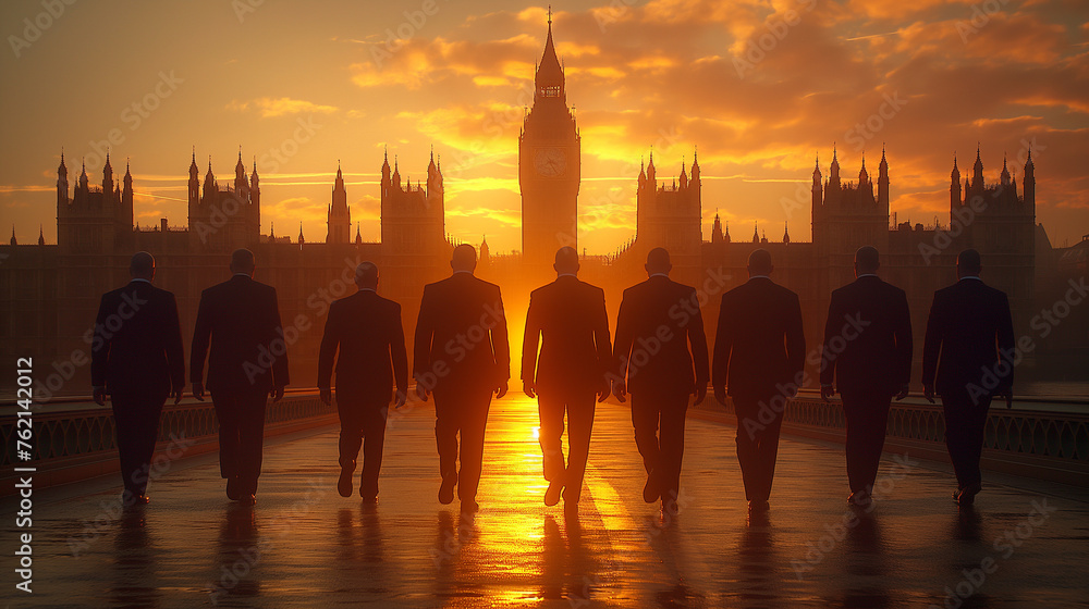 A group of men in suits on the banks of the Thames, London.