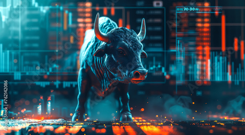 An angry bull is depicted engaging in trading activities with a computer. The concept revolves around the bull market in both traditional stock markets and the cryptocurrency. Generative AI.