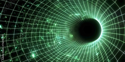 Fototapeta Naklejka Na Ścianę i Meble -  3d green glowing grid tunnel with black hole,  Cosmic wormhole. Abstract green grid tunnel banner