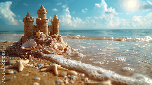 Sand castle on the sea or ocean shore against a background of blue sky and sunny weather