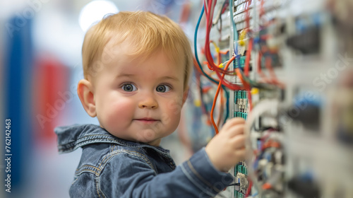Toddler playing a Network Engineer with electrical circuit board.