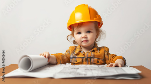 Toddler with a hard hat and blueprint as a Civil Engineer.